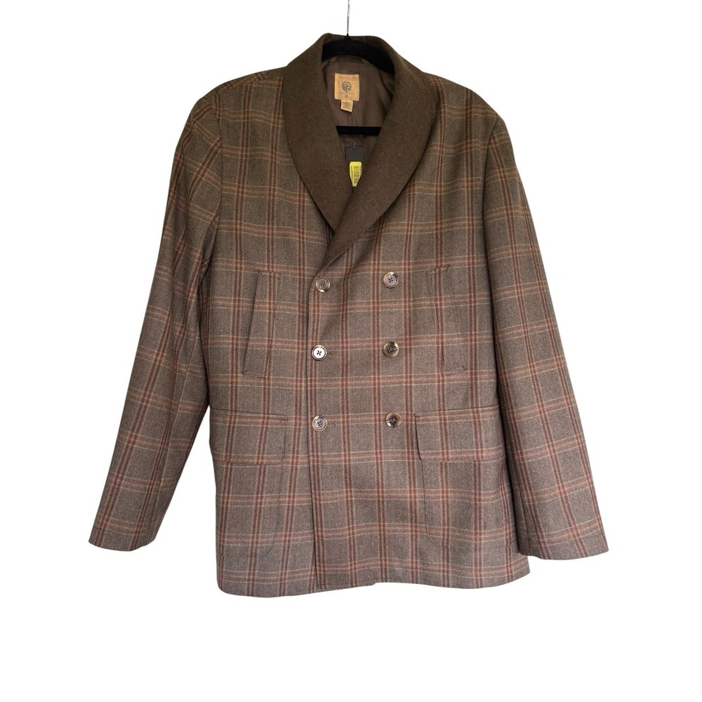 $295 Trevero NWT Wool Plaid Double Breasted Deck Coat Sz L Olive Brown Blazer